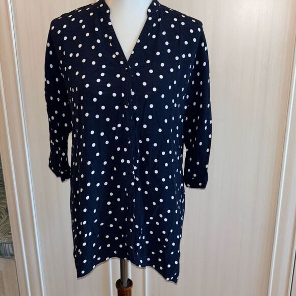 Zara blue white polka dot shirt top 3/4 sleeve Sz S button down - Picture 2 of 10
